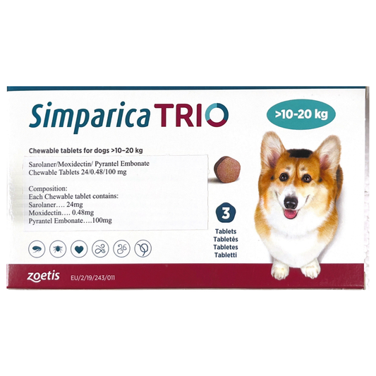 Zoetis Simparica Trio Dog Tick and Flea Control Tablet (pack of 3 tablets) for Dogs between 10 - 20 kgs
